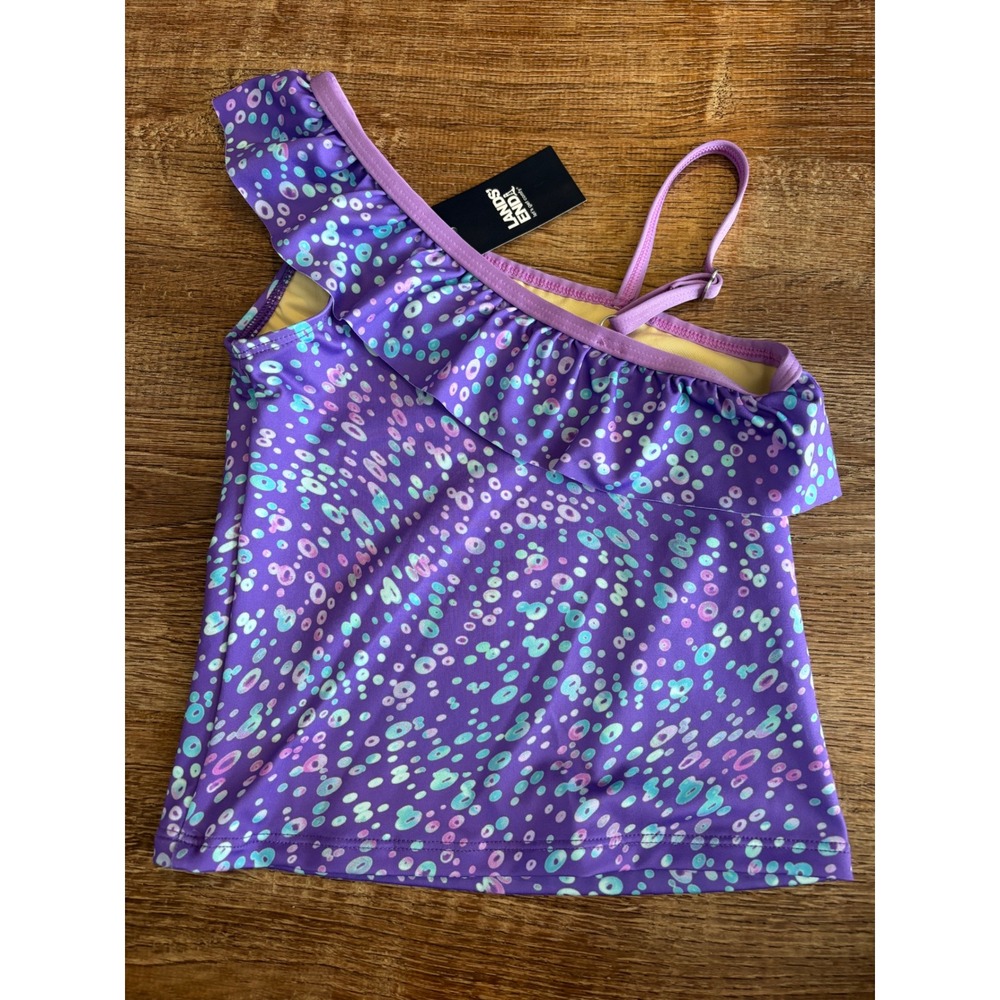 Lands End Girls Purple Bubble Dot Ruffle One Shoulder Tankini Swim Top 5 NWT